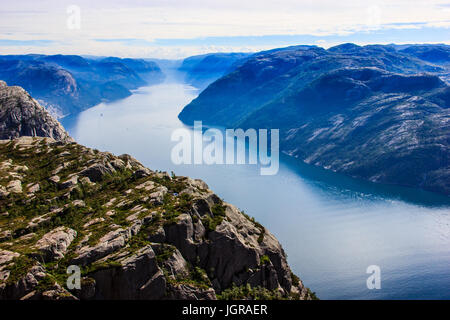 Majestic View from Preikestolen preacher pulpit rock, Lysefjord as background, Rogaland county, Norway, Europe Stock Photo