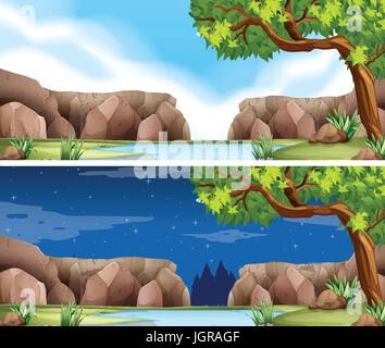 Two river scenes day and night illustration Stock Vector