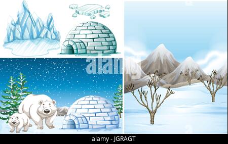 Polar bears and igloo on snow field illustration Stock Vector