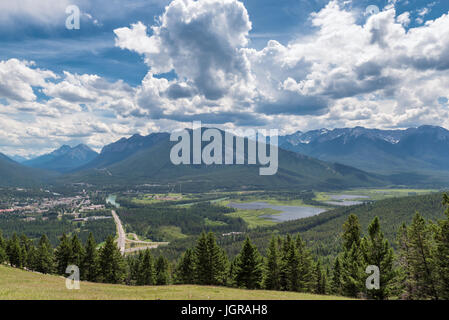 The city of Banff in the valley between the mountains, Alberta, Canada. Stock Photo