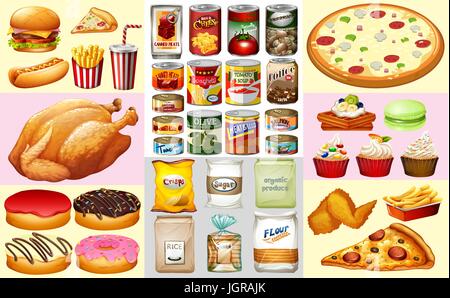 Different types of canned food and desserts illustration Stock Vector