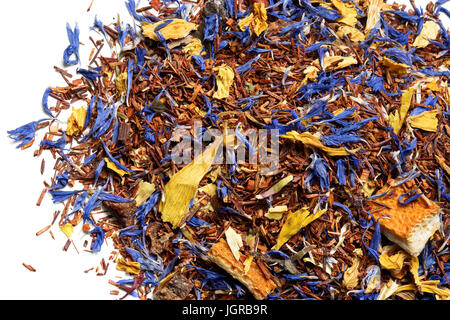Rooibos tea with cornflower and orange slices on white background. Top view. Close up. High resolution Stock Photo