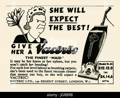 An advert for a Vactric vacuum cleaner - it appeared in a magazine published in the UK in 1948 Stock Photo