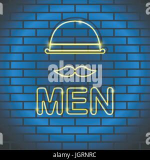 Neon icon Vector illustration Neon lamp yellow color in the form of a man with a mustache, a bowler hat on a brick wall Trendy postcard template, text Stock Vector