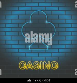 Neon card suit Vector illustration Neon lamp for casino in the form of clubs card suit on a brick wall Lamp in form of clubs card with blue lighting Stock Vector