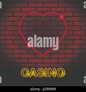 Neon card suit Vector illustration Neon lamp for casino in the form of hearts card suit on a brick wall Lamp in form of hearts card with red lighting Stock Vector