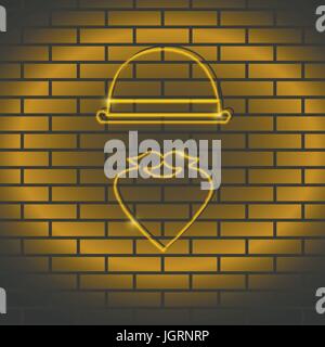 Neon icon Vector illustration Neon lamp yellow color in the form of a man with a mustache, a bowler hat on a brick wall Trendy postcard template, text Stock Vector