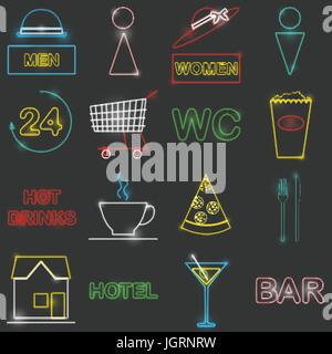 Neon icon set Vector illustration Colorful icons in form of neon lamps for bars, pubs, cafes and stores on black background Trendy icons set Stock Vector