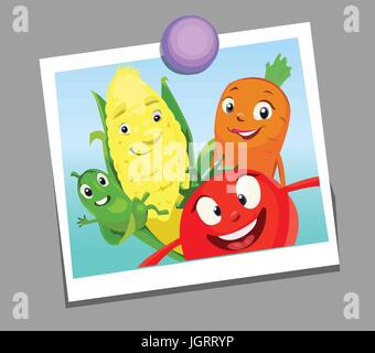 Digital vector funny comic cartoon happy family vegetables smiling in a selfie picture photo, cucumber carrot tomatoe and corn, hand drawn illustratio Stock Vector
