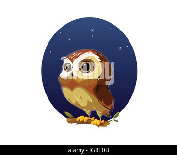 Digital vector funny comic cartoon owl bird with big eyes in the night sitting on a tree, hand drawn illustration, abstract realistic flat style Stock Vector