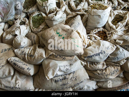 Bags of dried herbs in a traditional drug store, Gorno-Badakhshan autonomous region, Khorog, Tajikistan Stock Photo