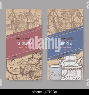 Two dairy farm shop labels with farmhouse, milk can, mug and cheese plate. Stock Vector