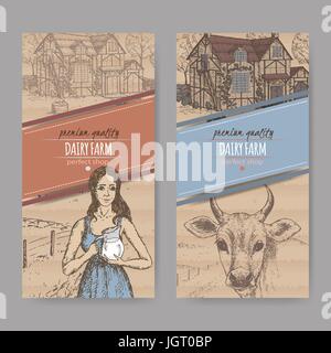 Two dairy farm shop labels with farmhouse, milkmaid and cow. Stock Vector