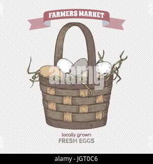 Color farmers market label with egg basket. Stock Vector