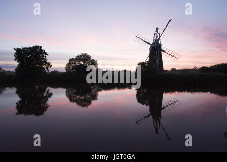 Turf Fen Drainage Mill, River Ant, Norfolk Broads. Sunset. June. Stock Photo