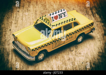 New York City Yellow Taxi Model Car, The old fashioned Checker Cab, Checker Cabs were the most popular in New York Stock Photo