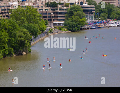 WASHINGTON, DC, USA - People on paddle boards on Potomac River near Georgetown. Stock Photo