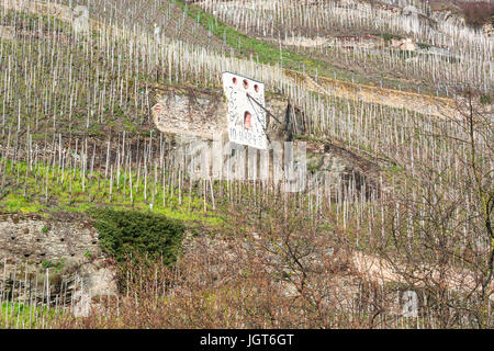 Zeltinger sundial in the wine-growing town on the Mosel in Zeltingen Germany referred a German vineyard. Stock Photo