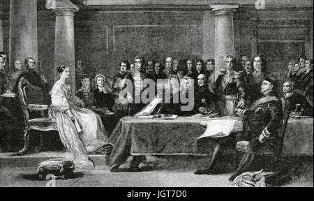 Queen Victoria (1819-1901). Queen of the United Kingdom of Great Britain and Ireland and Empress of India. First Council of Ministers presided by Queen Victoria, 1838. Engraving by H. E. Davey after a painting by Sir David Wilkie. Almanac of The Illustration, 1888. Stock Photo