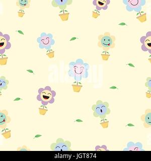 Cute Pastel Flower Emoji Seamless Pattern Background As 4 Happy Facial Expressions, Smile, Laugh, Ho Ho, Wink. Useful For Delight, Fun, Enjoyment. Stock Vector