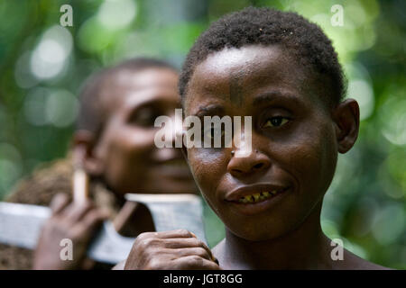 DZANGA-SANHA FOREST RESERVE, CENTRAL AFRICAN REPUBLIC - NOVEMBER 2, 2008: Portrait of a woman from a tribe of pygmies. Stock Photo