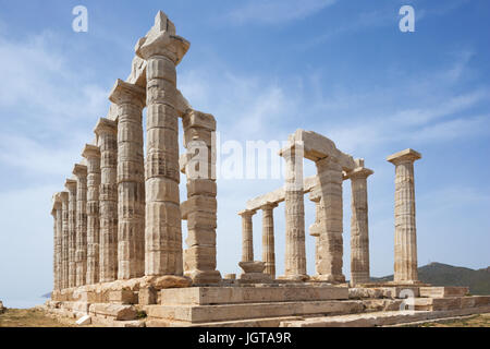 View of the Poseidon temple from a corner of the stylobate at Cape Sounion Stock Photo