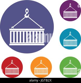 Crane hook lifts container icons set Stock Vector