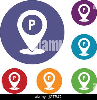 Map pointer with car parking sign icons set Stock Vector