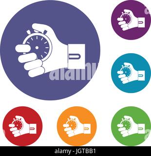 Hand holding stopwatch icons set Stock Vector