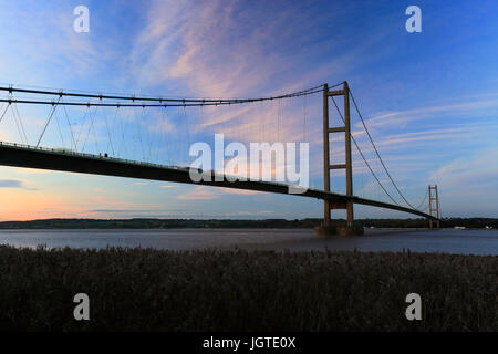 Humber Bridge at night, from Barton-upon-Humber village side, East Riding of Yorkshire, England Stock Photo