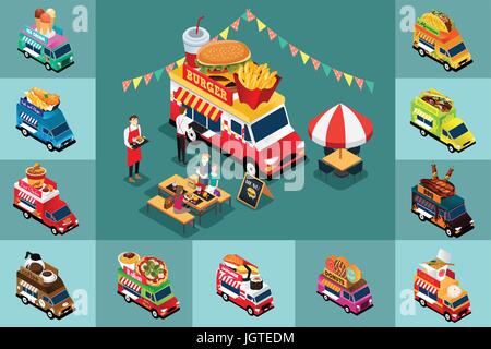 A vector illustration of Isometric Design of Different Food Trucks Stock Vector