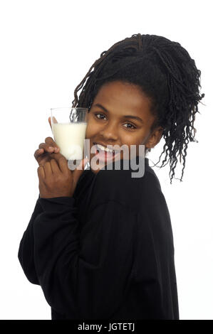 teenage girl drinking milk Stock Photo