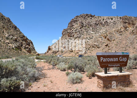 PAROWAN, UTAH - JUNE 29, 2017: Parowan Gap Sign. At the edge of the dry Little Salt Lake, lies a natural gap in the mountains, covered with hundreds o