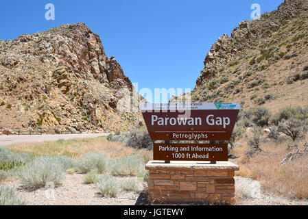 PAROWAN, UTAH - JUNE 29, 2017: Parowan Gap Sign. At the edge of the dry Little Salt Lake, lies a natural gap in the mountains, covered with hundreds o Stock Photo