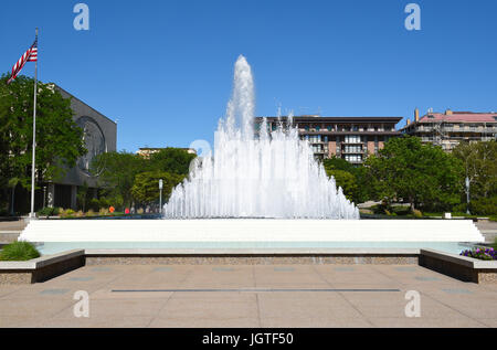 SALT LAKE CITY, UTAH - JUNE 28, 2017: Temple Square Fountain. The large fountain is between the Church Office Building and the Church Administrative B Stock Photo