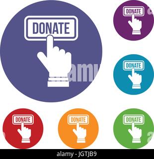 Hand presses button to donate icons set Stock Vector