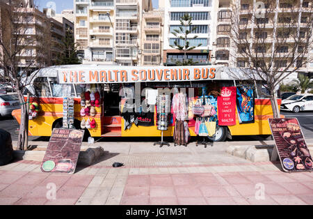 The Malta souvenir bus, a bus converted into a shop selling tourist gifts and souvenirs in Valetta Malta Stock Photo