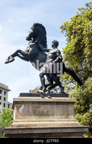 Bronze equestrian sculpture, Treball, by Llucià Oslé at Plaça de Catalunya, Barcelona, Spain. Stock Photo