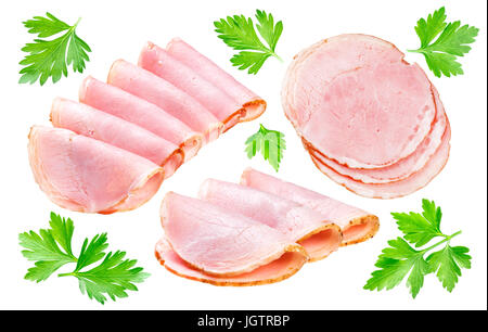 Isolated ham. Slices of smoked ham with parsley isolated on a white background with clipping path Stock Photo