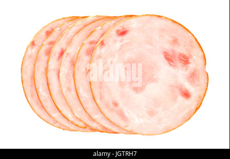 Slices of smoked ham or sausage isolated on white, top view Stock Photo