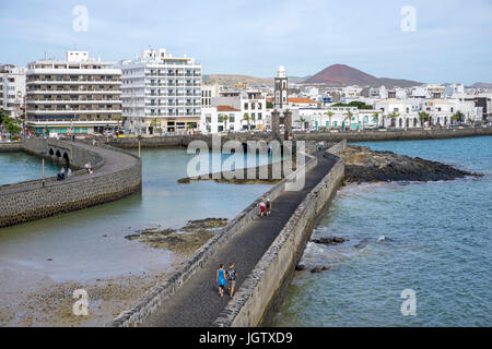 Pedestrian dam connects city of Arrecife with fortress Castillo de San Gabriel, Arrecife, Lanzarote island, Canary islands, Spain, Europe Stock Photo