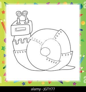 Vector illustration of Snail robot cartoon - Coloring book Stock Vector