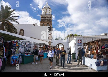 Weekly sunday market at church Iglesia de Nuestra Senora de Guadalupe, Teguise, Lanzarote island, Canary islands, Spain, Europe Stock Photo