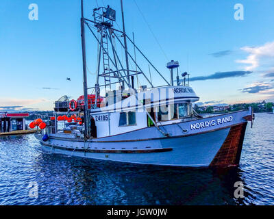 Commercial fishing boat Nordic Rand off Vancouver Island, BC, Canada, fishing for prawns (like shrimp but larger). Stock Photo