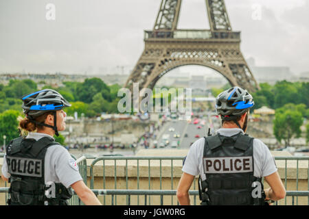 French police officers guard the Trocadero esplanade near the Eiffel ...