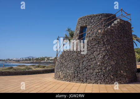 Historic guard tower at Playa Matagorda, large beach at Puerto del Carmen, Lanzarote island, Canary islands, Spain, Europe Stock Photo