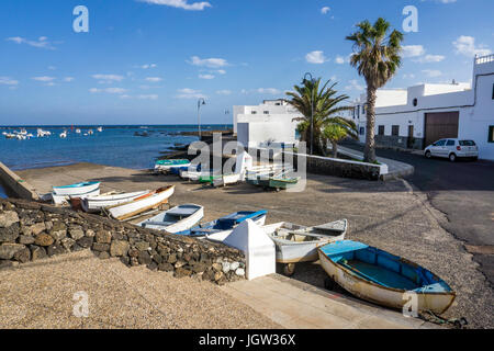 Fishing harbour of the village Orzola, start point for ferry roundtrips to La Graciosa island, Lanzarote, Canary islands, Europe Stock Photo