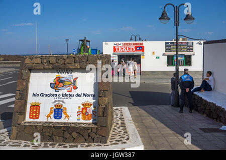 Tile picture at fishing harbour at Orzola, start point for ferry roundtrips to La Graciosa island, Lanzarote, Canary islands, Europe Stock Photo