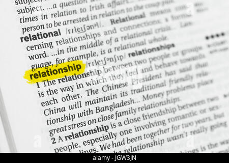 Highlighted English word 'relationship' and its definition at the dictionary. Stock Photo