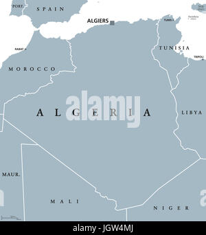 Algeria political map with capital Algiers. Peoples Democratic Republic of Algeria. Arab country in the Maghreb region of North Africa. Illustration. Stock Photo